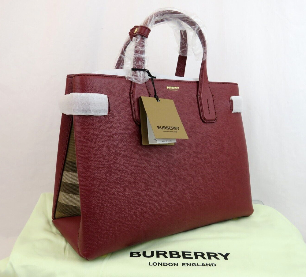 $1790 BURBERRY BANNER BURGUNDY LEATHER CHECK CANVAS SHOULDER MEDIUM TOTE BAG